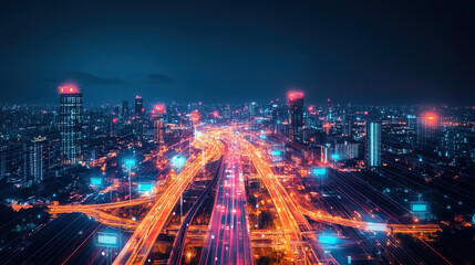Smart city concept featuring glowing buildings and digital pathways, captured at night with soft ambient light, showcasing a futuristic urban landscape.