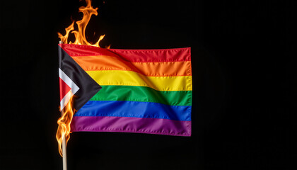 LGBT rainbow flag burning with flames and smoke forming equality symbol, resilience against darkness