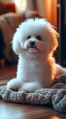 Adorable White Toy Poodle Relaxing Indoors