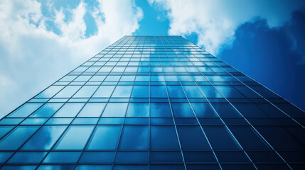 Lowangleviewofamodernglassskyscraperagainstablueskywithclouds