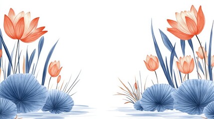 Fototapeta premium Botanical watercolor arrangement, vintage floral decoration with orange flowers and blue leaves elegant artistic invitation background