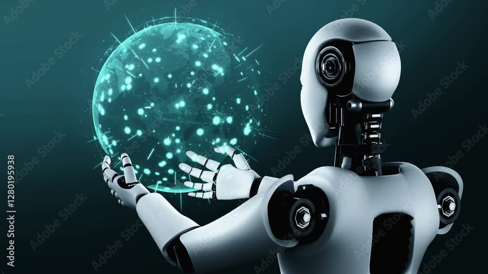 Poster ai hominoid robot holding hologram screen shows concept of global communication network using artifi
