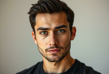 Male portrait with thick brows and neutral background