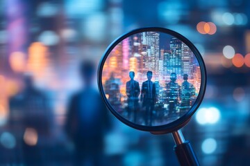 Magnifying Glass Focus on Business Team Cityscape