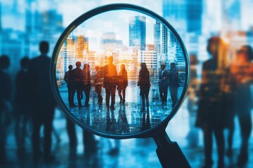 Magnifying glass on city business group