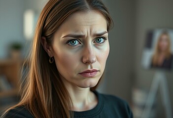 Photorealistic portrait of a female person with a neutral to slightly annoyed expression