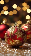 Close-up of a red and gold Christmas ornament with sparkling lights in the background.