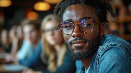 Confident student studying in library; blurred classmates