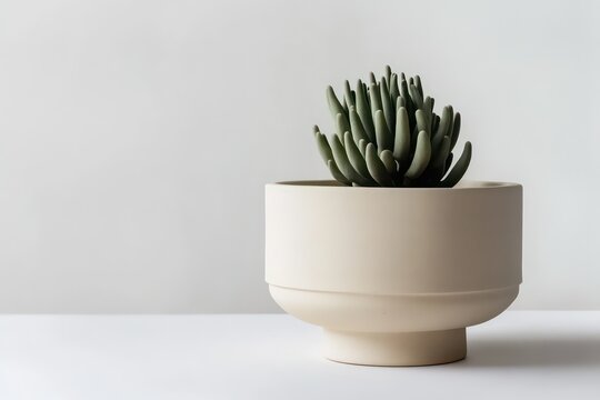 A modern minimalist decor setting featuring a Notocactus magnificus in a simple terracotta pot against a white background.