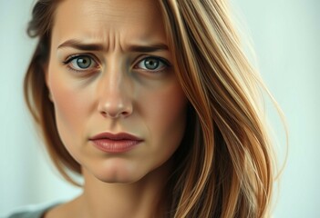 Obraz premium Photorealistic portrait of a woman with a subtle expression of irritation