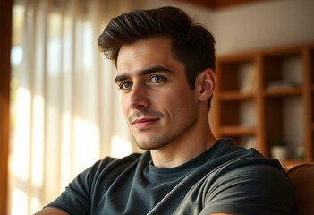 Fototapeta premium Portrait of a male with thick brows in a well-lit room