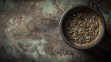 Dark Rustic Bowl of Seeds on Weathered Surface