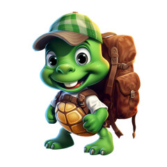 Obraz premium A green turtle with a backpack on his back. isolated on transparent background
