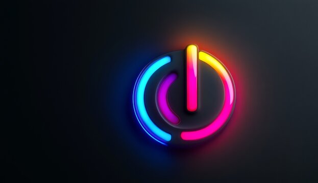 Colorful power button graphic on dark background
