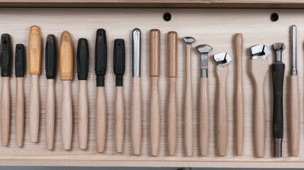 Wood carving tools arranged in a workshop