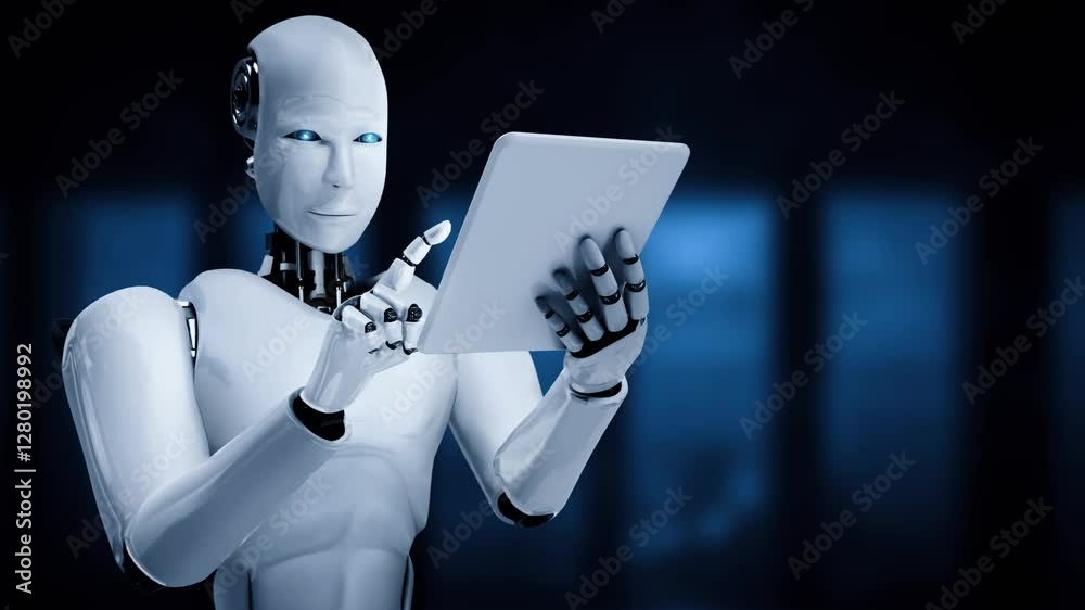 Aufkleber robot hominoid using tablet computer for big data analytic using ai thinking brain , artificial inte