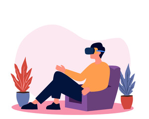 Man with VR Headset Sitting in a Chair
Modern flat illustration of a man sitting comfortably in a chair, wearing a VR headset. Perfect for technology, virtual reality, and futuristic lifestyle concept