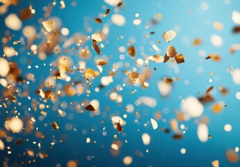 Vibrant and Sparkling Gold and White Confetti Falling Against a Bright Blue Background for Festive Celebrations, Parties, and Events