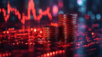 Dynamic financial investment concept – stacked coins with trading graph growth and stock market visualization for banking, digital economy, and cryptocurrency innovation on dark background