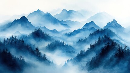 Misty mountain range, tranquil landscape, serene view, peaceful nature scene. Possible use Stock photo for nature, meditation, travel, tranquility