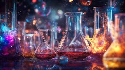 Laboratory glassware with colorful chemical liquids in a science research setting, experimental chemistry background with test tubes and beakers in a scientific laboratory


