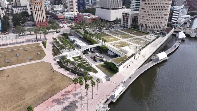 Curtis Hixon Waterfront Park At Tampa Florida United States. Aerial View Of Lush Green Park And Surrounding Buildings. Business Sky Downtown Cityscape. Outside Downtown Panoramic. Tampa Florida.