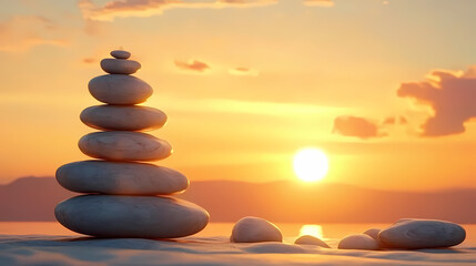 Zen Stone Pyramid at Sunset