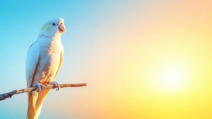 Fototapeta premium A vibrant parrot enjoys a tranquil moment perched on a branch against a stunning tropical sunset. The warm hues of the sky create a serene vacation atmosphere perfect for relaxation.