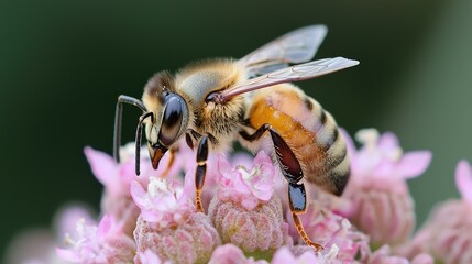 Honeybee pollinating pink flower, garden background, nature image