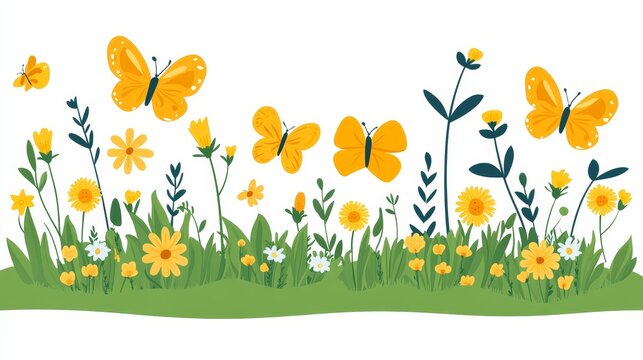 Fototapeta Delicate yellow butterflies gracefully flutter above a whimsical meadow of blooming dandelions and verdant foliage spring enchantment