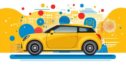 Naklejka premium Vibrant vector illustration showcasing a stylish yellow car against a dynamic urban backdrop perfect for automotive themes