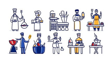 Charming Line Art Illustration: Diverse Chefs & Culinary Scenes AI Generated