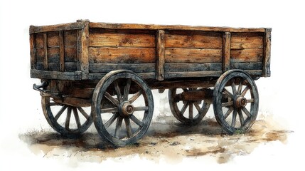 Fototapeta premium Rustic wooden cart, outdoor setting, aged, history, transportation, farm, vintage, background, illustration, design