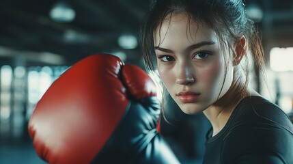 Focused female boxer practicing with Pao during a gym session.