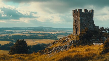 A serene landscape featuring an ancient stone tower atop a hill. The lush green fields stretch endlessly. A perfect blend of nature and history awaits. Generative AI