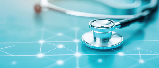 close up of stethoscope on blue medical background, symbolizing healthcare and technology