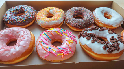 Colorful assortment of donuts displayed in a box at a bakery, showcasing various toppings and flavors
