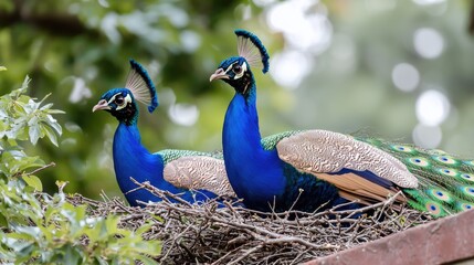 Obraz premium Two Peafowl in Nest, Natural Habitat, Beautiful Birds