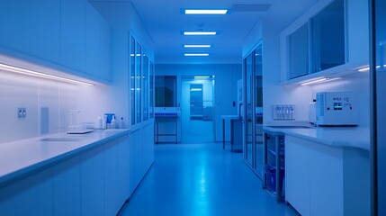 Modern laboratory corridor, illuminated with cool blue light.  Possible use for scientific publications or product advertising