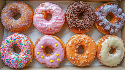 Colorful assortment of freshly baked donuts arranged in a box showcasing various toppings and flavors