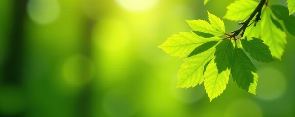 Fototapeta premium Bright green beech leaves, delicate unfolding, spring sunlight , design, branch, leaves