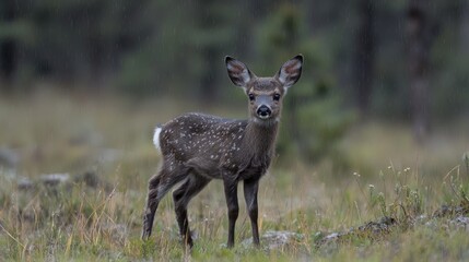 Fawn in a misty forest, peaceful scene, wildlife photography, nature