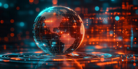 3D globe with glowing red continents on a platform with blue rings and particles. Futuristic, technology, and global connectivity concepts.
