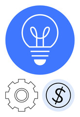 Light bulb inside blue circle for ideas, gear for process, and dollar sign for finance. Ideal for innovation, creativity, business strategy, entrepreneurship, design, solutions abstract line flat