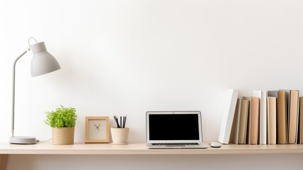 A serene workspace bathed in soft light, featuring a laptop, books, and a small plant, creating a calm and productive atmosphere.