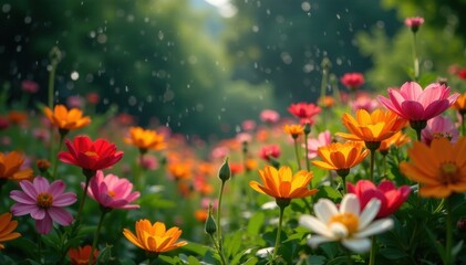 Fototapeta premium Summer downpour saturates vibrant Hungarian garden flowers , botanical, close up