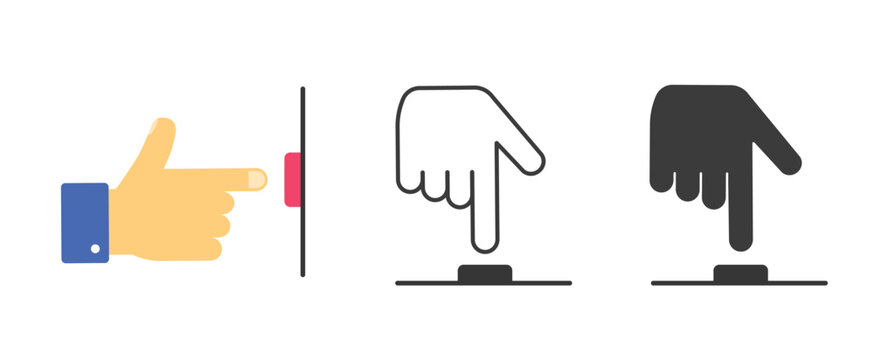 Press push red button finger hand icon simple vector flat graphic illustration set, man person start activating switch silhouette pictogram line stroke outline solid gesture ui info image

