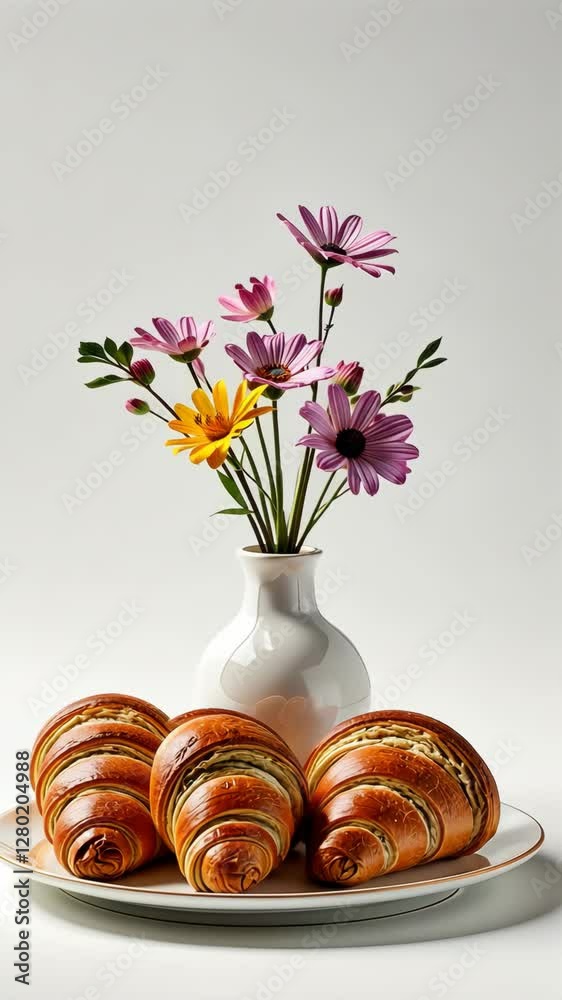 Poster a white plate with croissants and a vase of flowers. the croissants are arranged neatly on the plate
