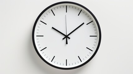 A simple, elegant clock hangs against a stark white wall, a minimalist design emphasizing the steady passage of time with its clean lines and subtle black accents.