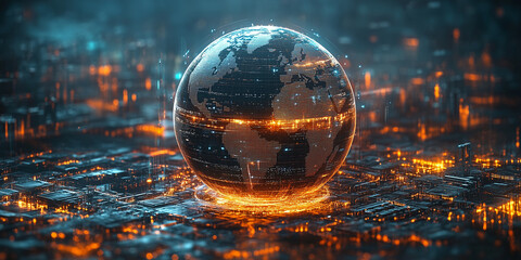 3D globe with glowing red continents on a platform with blue rings and particles. Futuristic, technology, and global connectivity concepts.